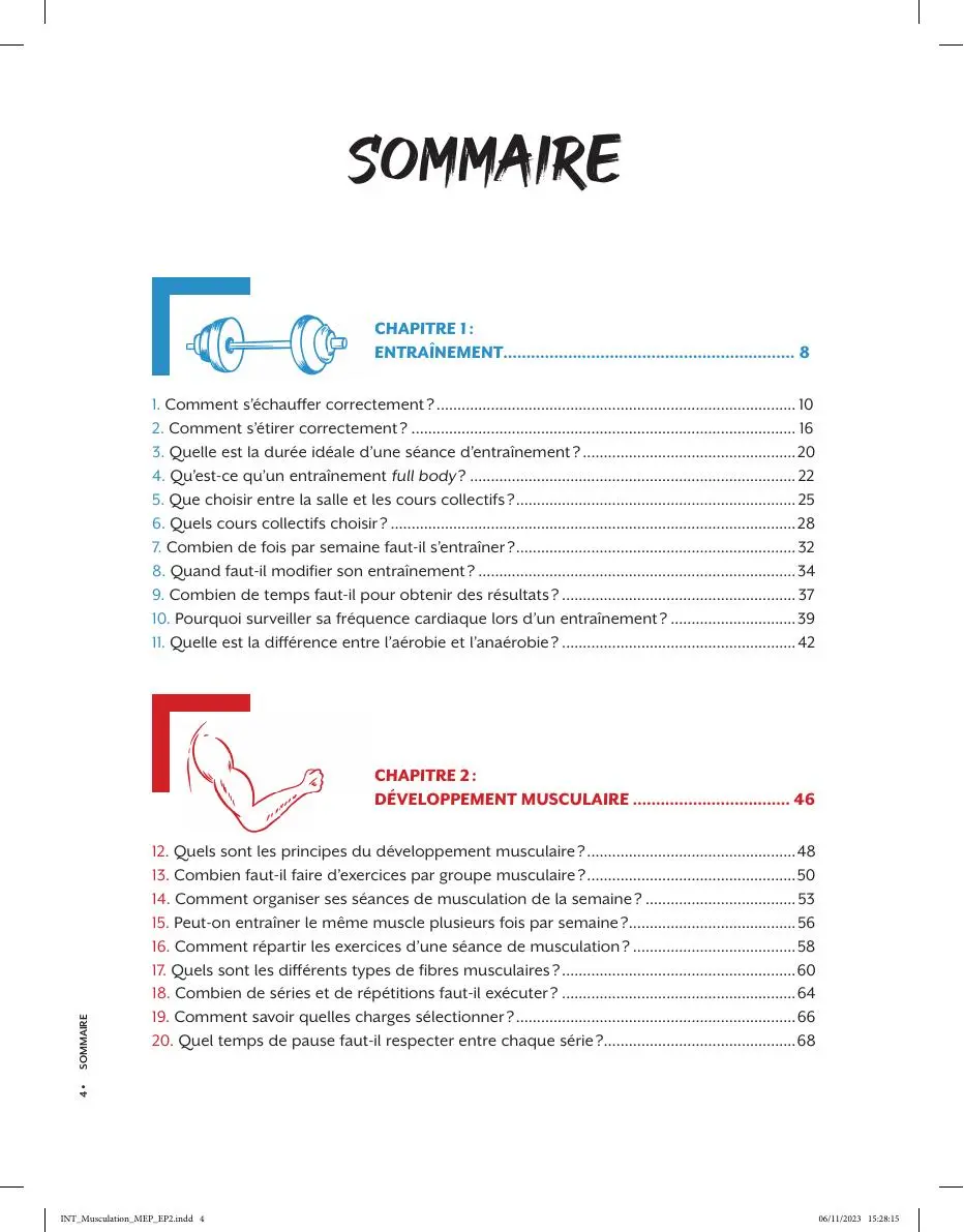 Sommaire des cinq chapitres du livre Fitness – Conseils de coachs